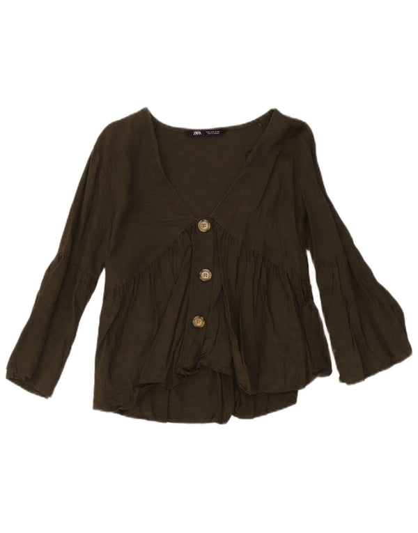 Zara Chemise Chemisier Femme UK 10 Petit Lin Vert