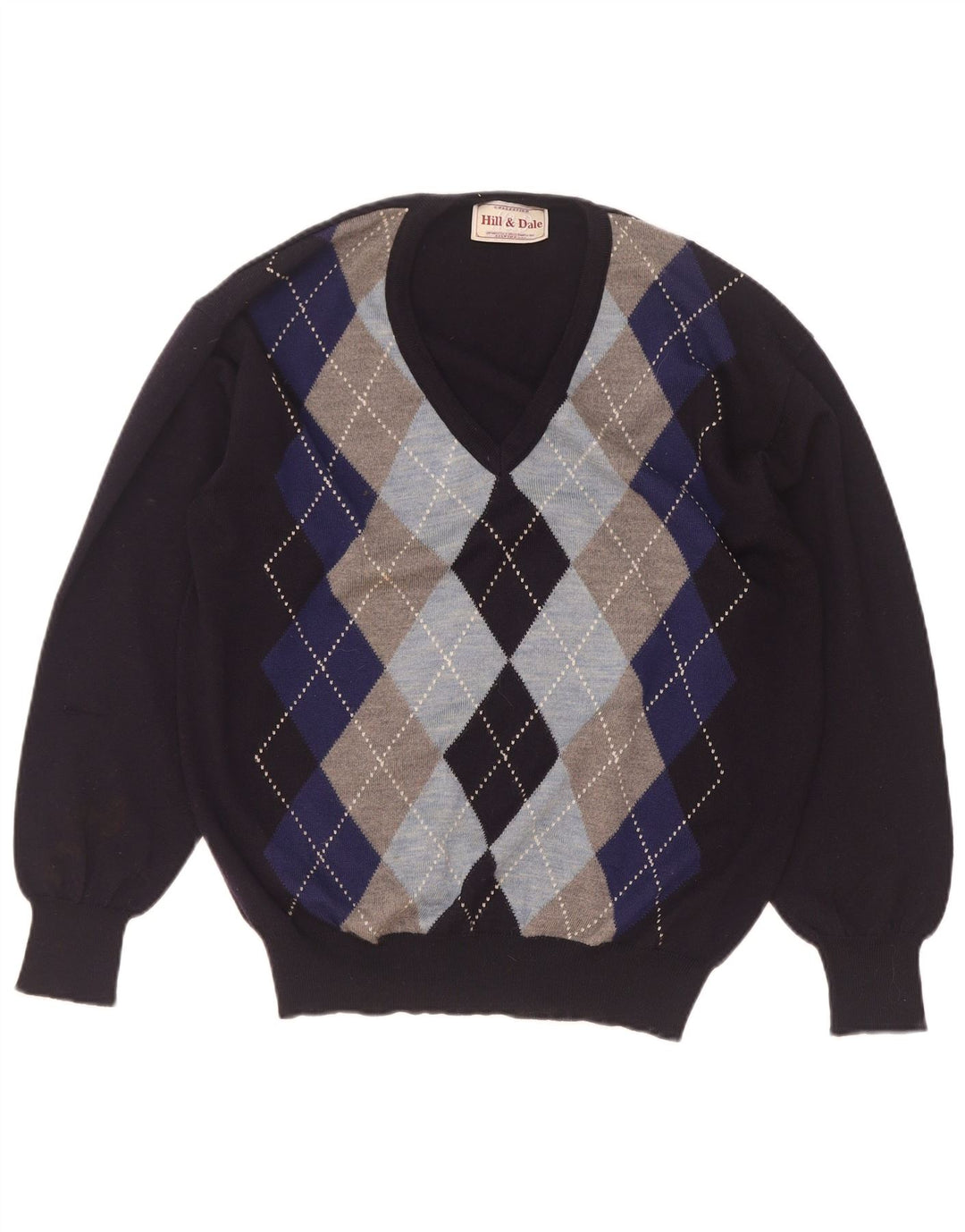 vintage Homme Col V Pull Pull IT 48 Moyen Bleu Marine Argyle/Diamant