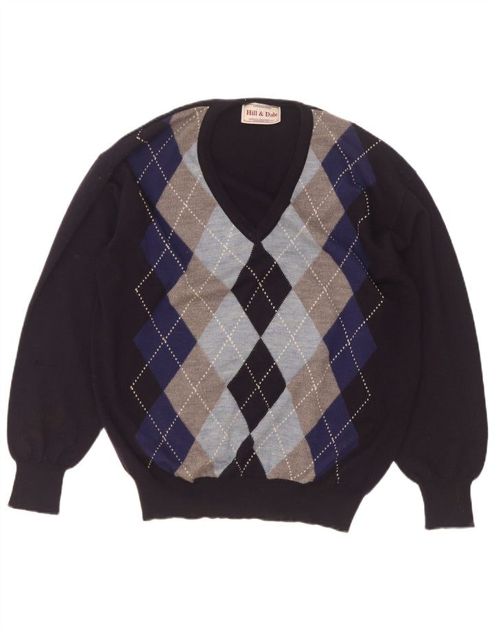 vintage Homme Col V Pull Pull IT 48 Moyen Bleu Marine Argyle/Diamant