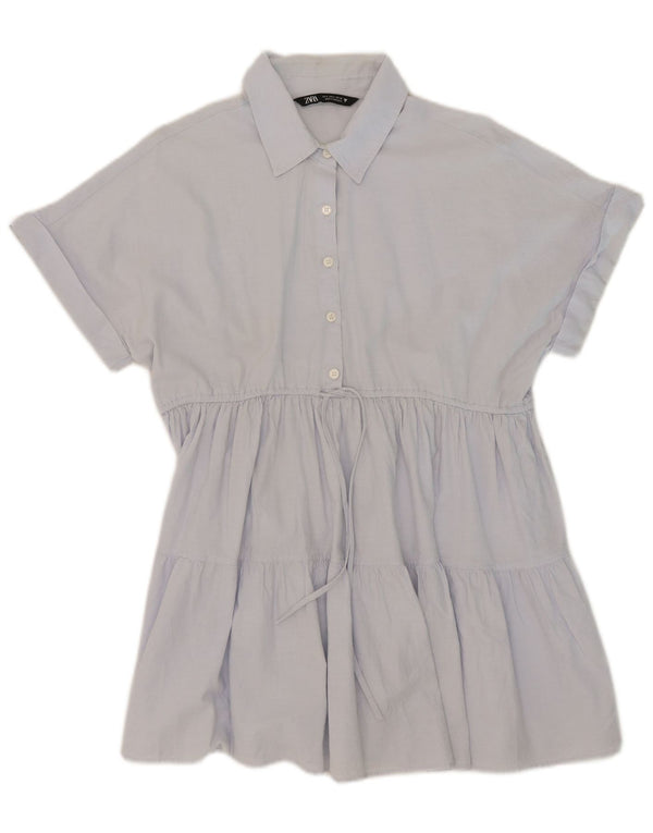 Zara Robe à volants pour femme UK 10 Petit coton bleu