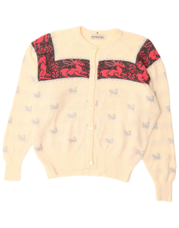 Les Copains Womens Graphic Cardigan Sweater UK 18 XL Blanc Cassé Imprimé Animal