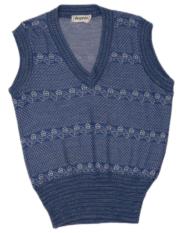 vintage Mens Vest Débardeur Moyen Bleu Floral Acrylique