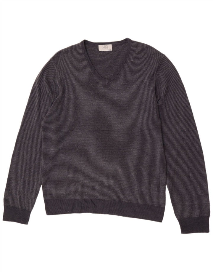 Marks & Spencer Pull col V pour homme Bleu marine moyen à fines rayures