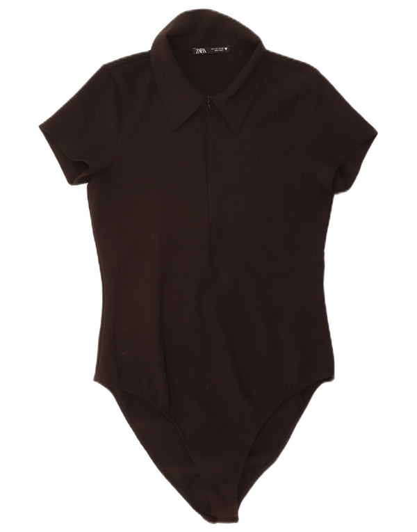 Zara Body à col polo pour femme UK 14 Large Noir Polyester
