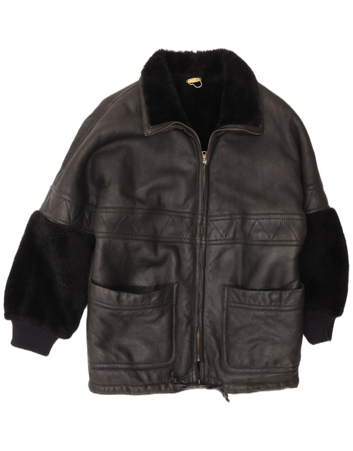 veste en peau de mouton homme vintage UK 44 2XL peau de mouton noire