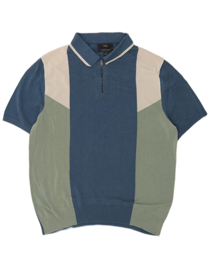Marks & Spencer Pull à col polo pour homme Taille L Bleu Colorblock