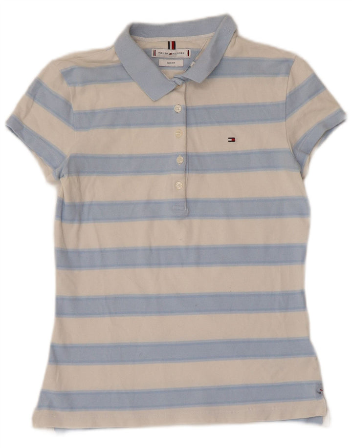 TOMMY HILFIGER Polo Slim Fit Femme UK 6 XS Bleu Rayé Coton