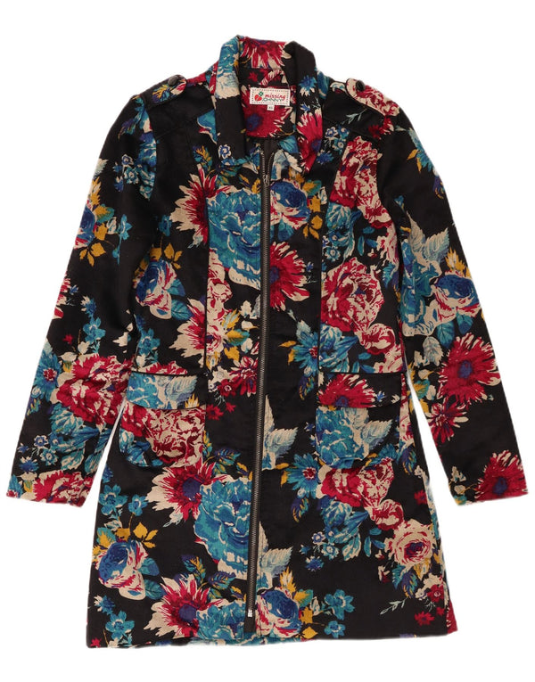 vintage Womens Velvet Military Overcoat UK 6 XS Noir Floral Coton