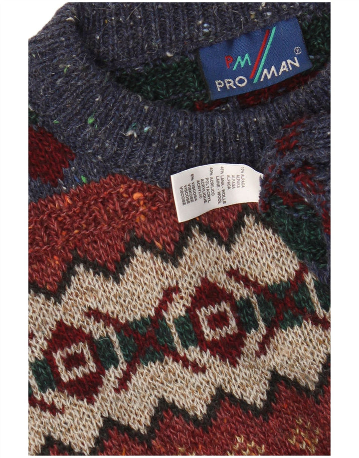 vintage Mens Crew Neck Jumper Pull XL Multicolore Géométrique Laine