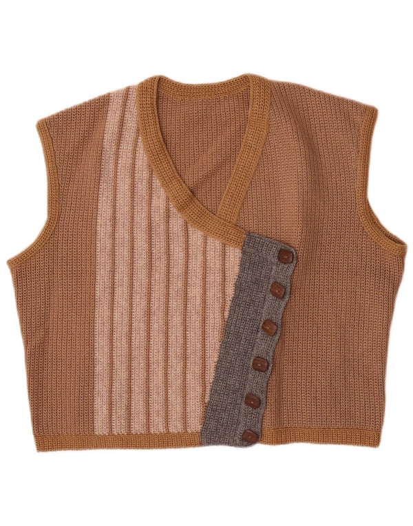 Gilet tricoté femme vintage UK 16 Grand Beige Rayé