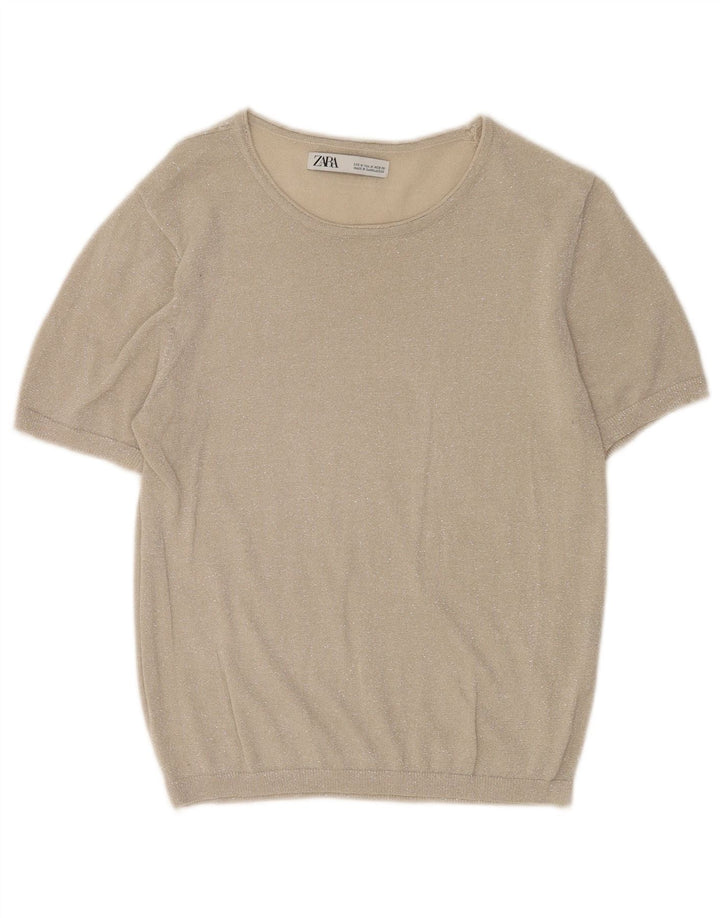 Zara Pull à manches courtes et col bateau pour femme Gris moyen UK 12