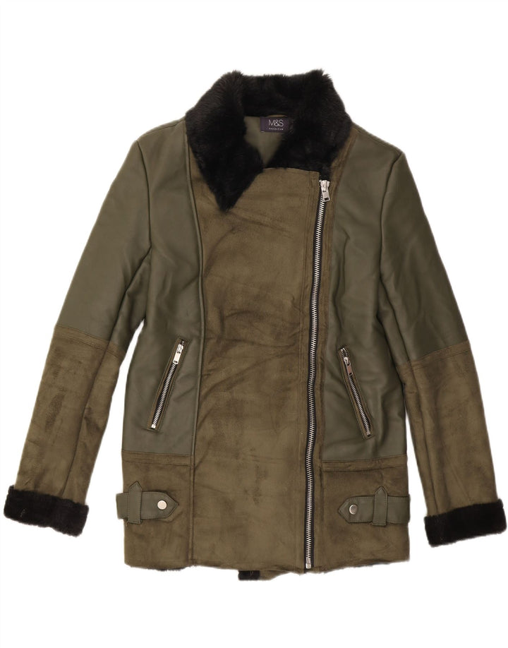 MARKS & SPENCER Womens Faux Leather Jacket UK 8 Small Green Polyester Vintage Marks & Spencer and Second-Hand Marks & Spencer from Messina Hembry 