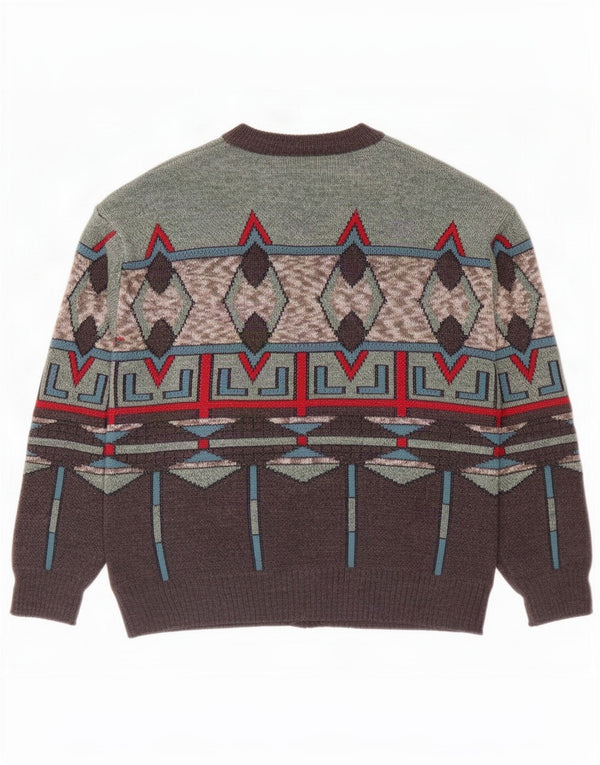 vintage Mens Cardigan Pull Grand Gris Géométrique