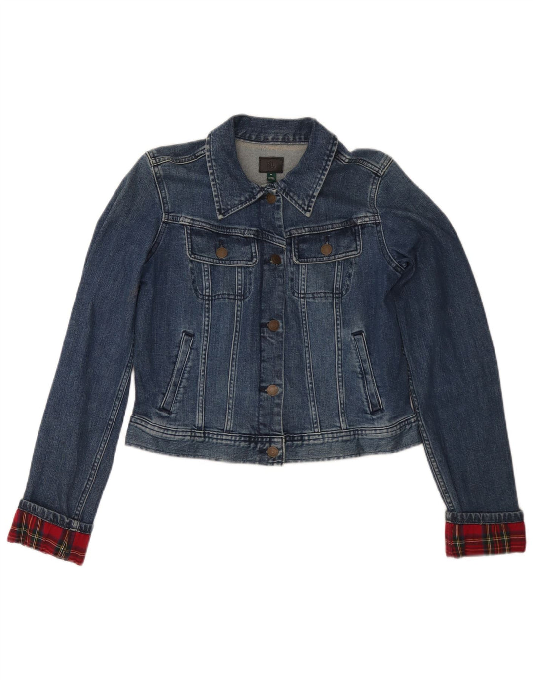 Ralph Lauren Veste en jean courte pour femme UK 12 Bleu moyen à carreaux en coton
