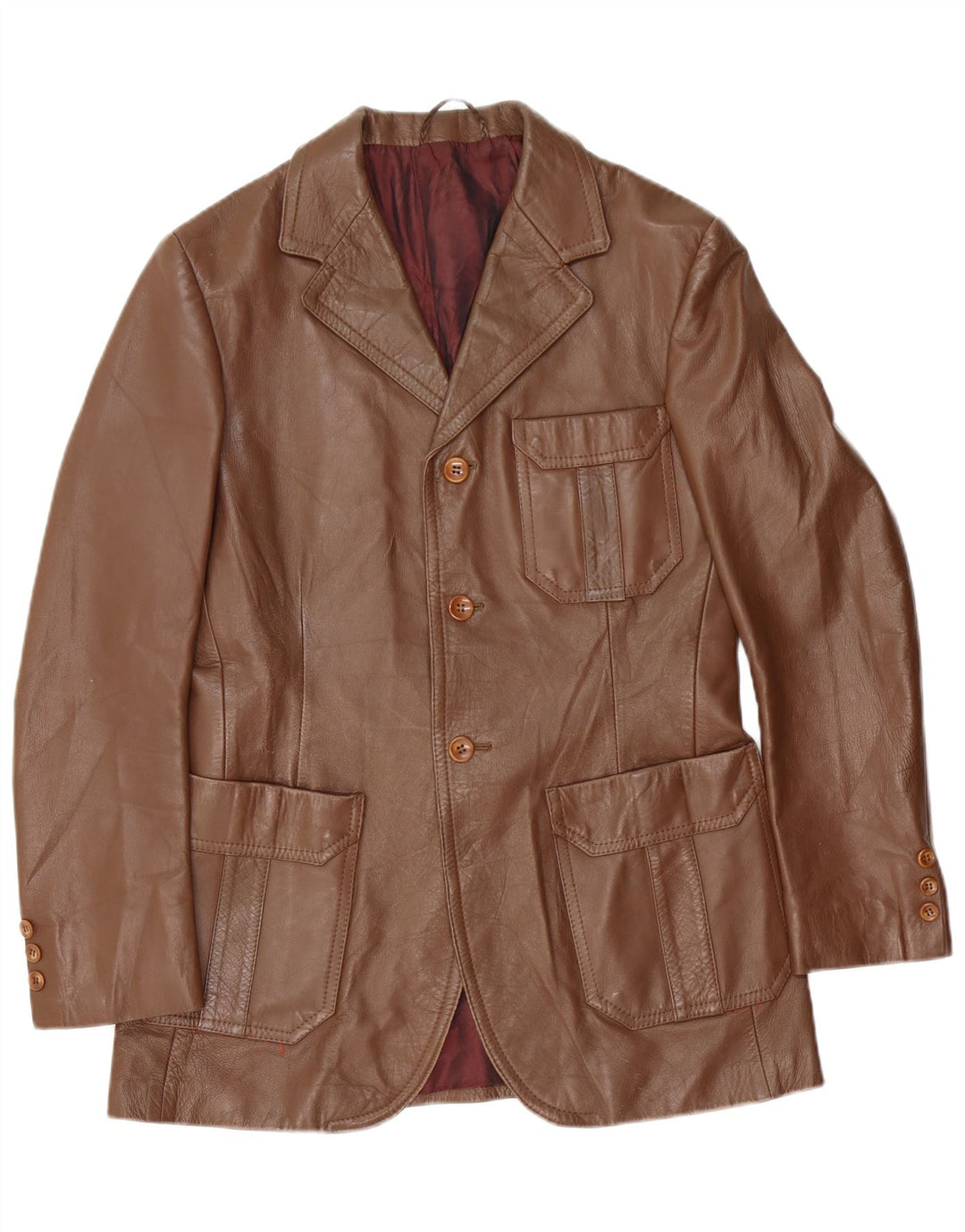 vintage Homme 3 Boutons Veste Blazer En Cuir EU 50 Grand Daim Brun