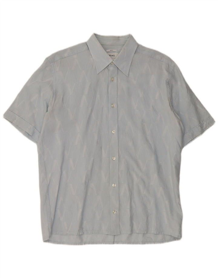 Versace Chemise à manches courtes pour hommes Taille 40 15 3/4 Bleu moyen géométrique