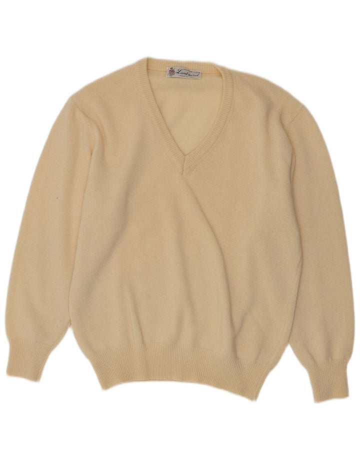 vintage Homme Col V Pull Pull Moyen Beige Laine d’Agneau