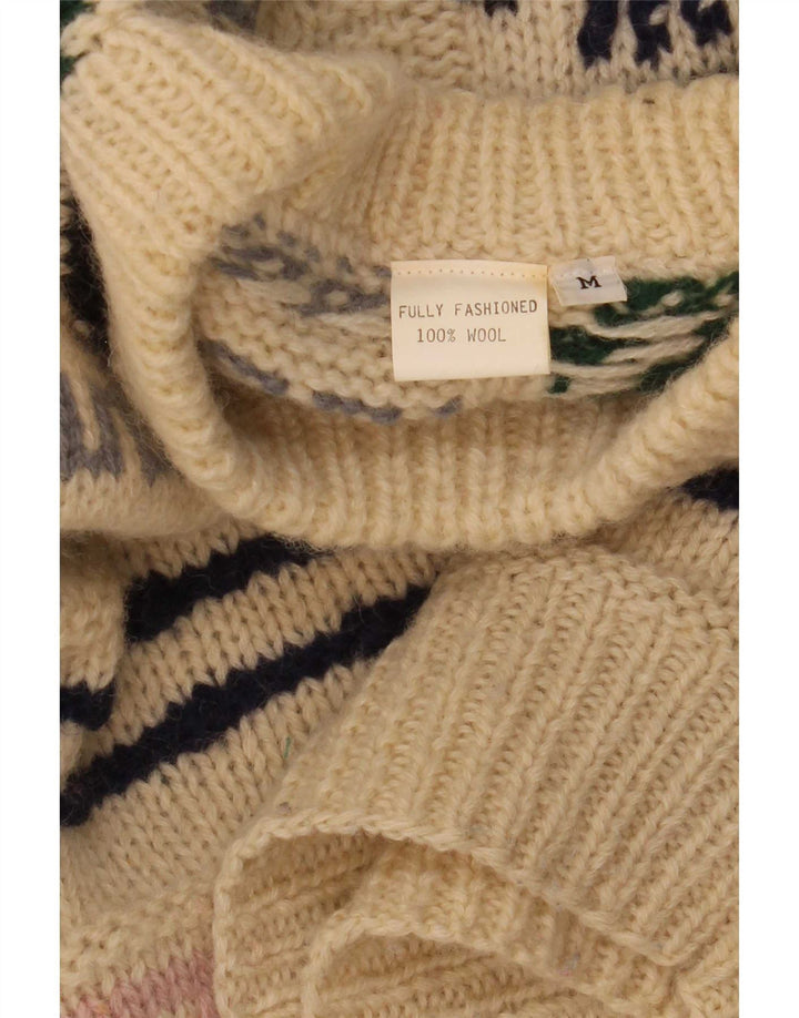 vintage Mens Crew Neck Jumper Pull Moyen Beige Patchwork Laine