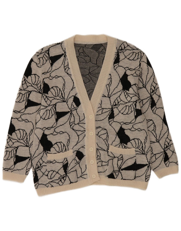 vintage Femmes Motif Abstrait Cardigan Pull UK 14 Grand Gris