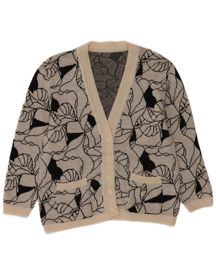 vintage Femmes Motif Abstrait Cardigan Pull UK 14 Grand Gris