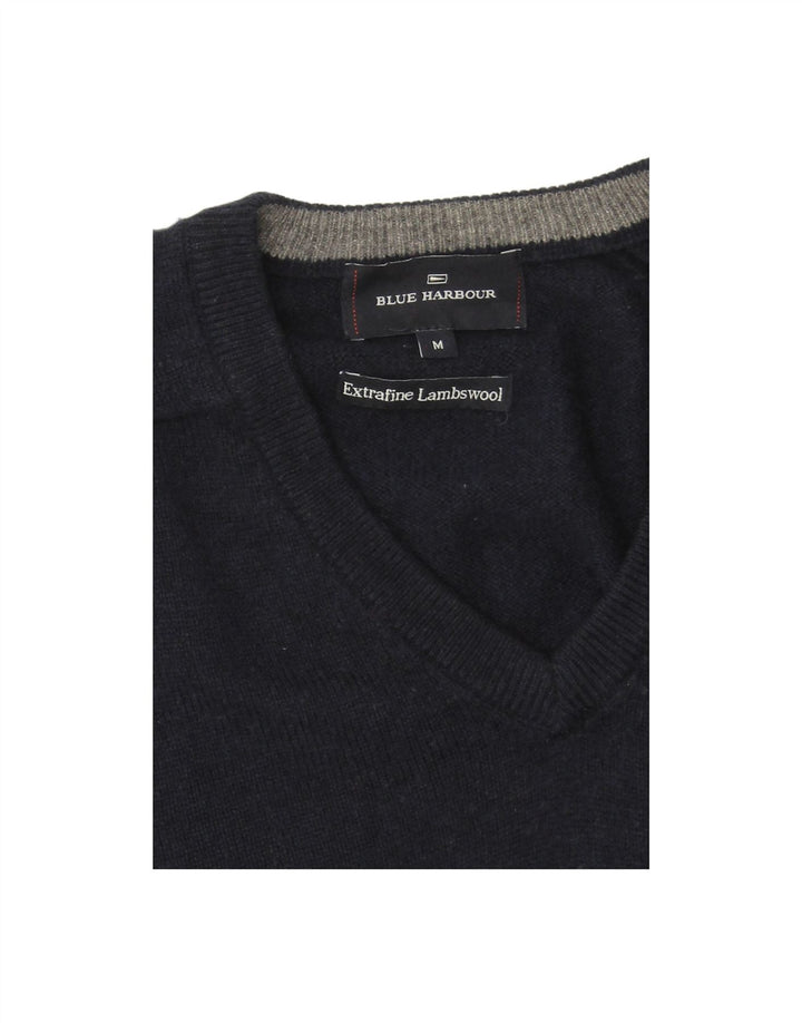 BLUE HARBOUR Mens V-Neck Jumper Sweater Medium Navy Blue Lambswool