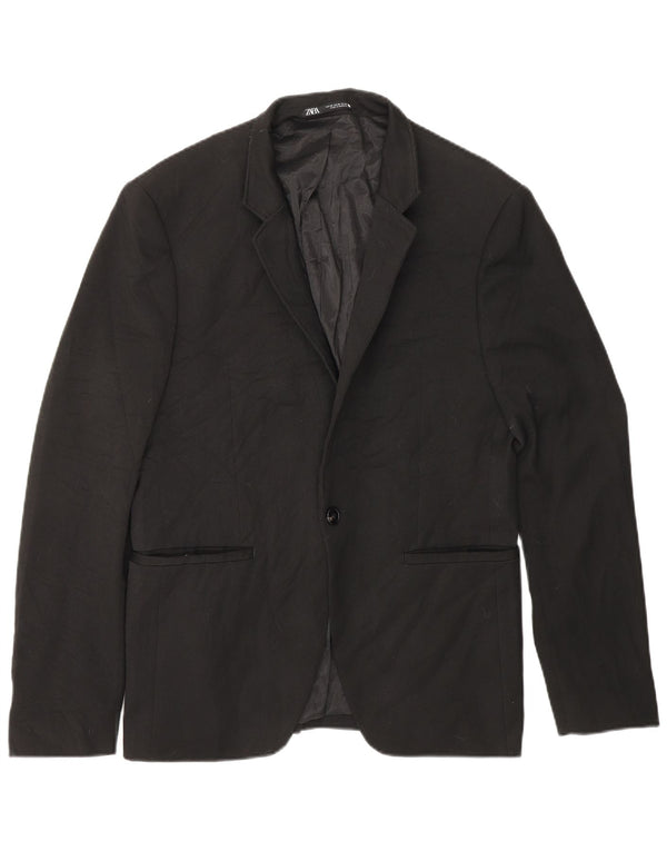 ZARA Hommes 1 Bouton Blazer Veste EU 48 Moyen Noir Polyester