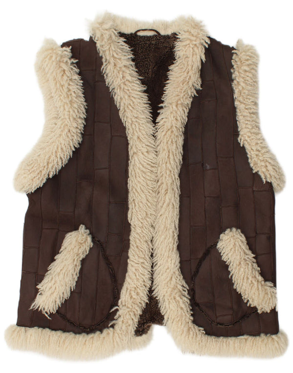 vintage Femmes Sherpa Cuir Gilet EU 46 XL Marron