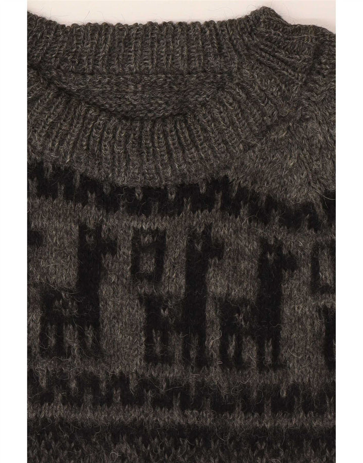 vintage Mens Crew Neck Jumper Pull Petit Gris Géométrique