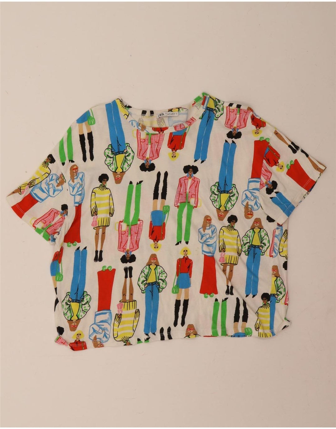 Zara Womens Abstract Pattern Crop Graphic T-Shirt Top UK 16 Grand Blanc Cassé