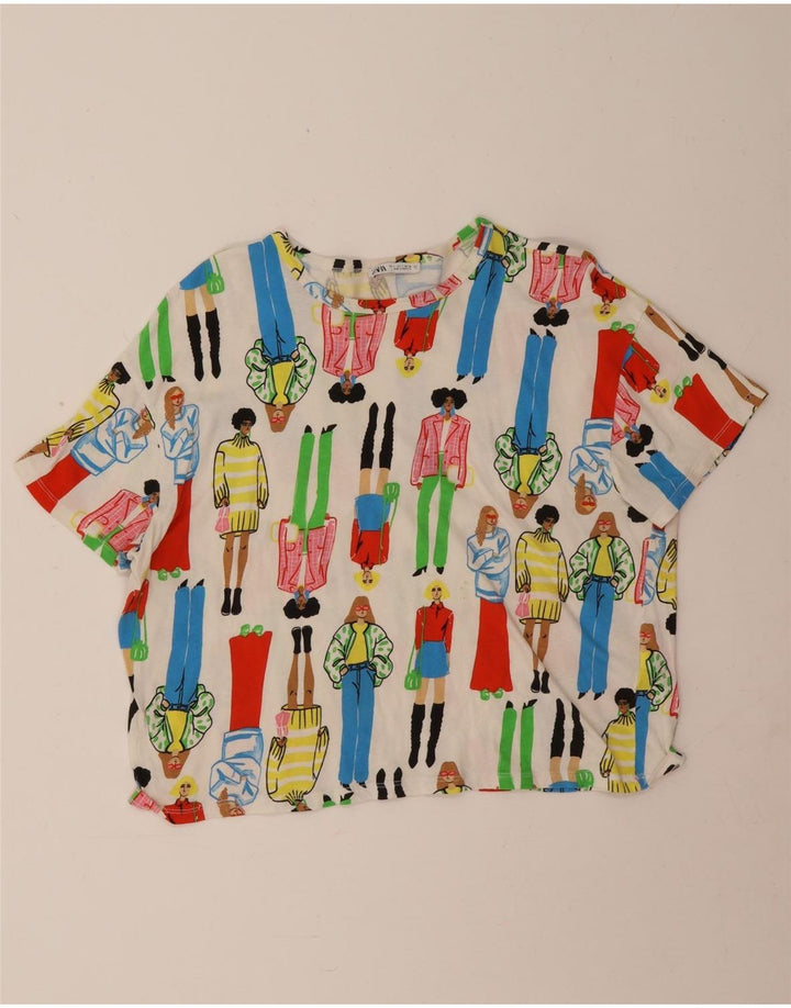 Zara Womens Abstract Pattern Crop Graphic T-Shirt Top UK 16 Grand Blanc Cassé