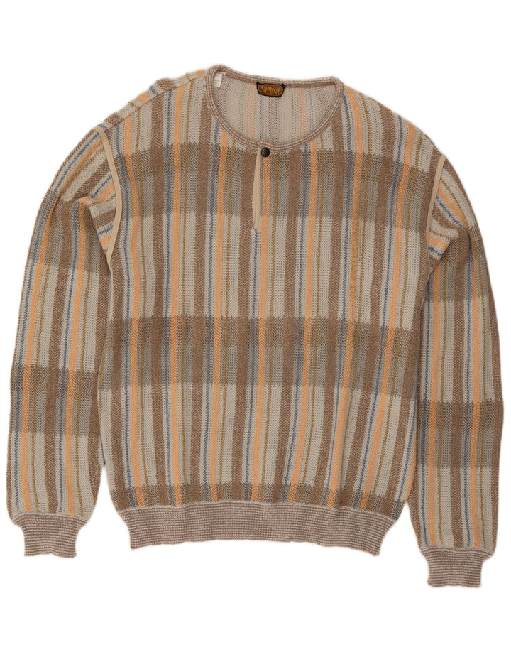 vintage Mens Button Neck Jumper Pull IT 54 XL Gris Check Coton