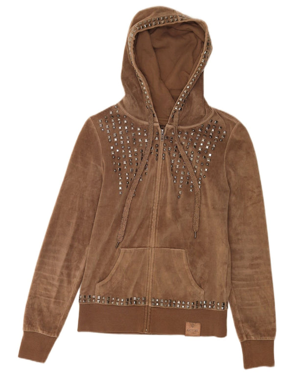 Guess Pull à capuche zippé en velours pour femme UK 8 Small Marron Coton