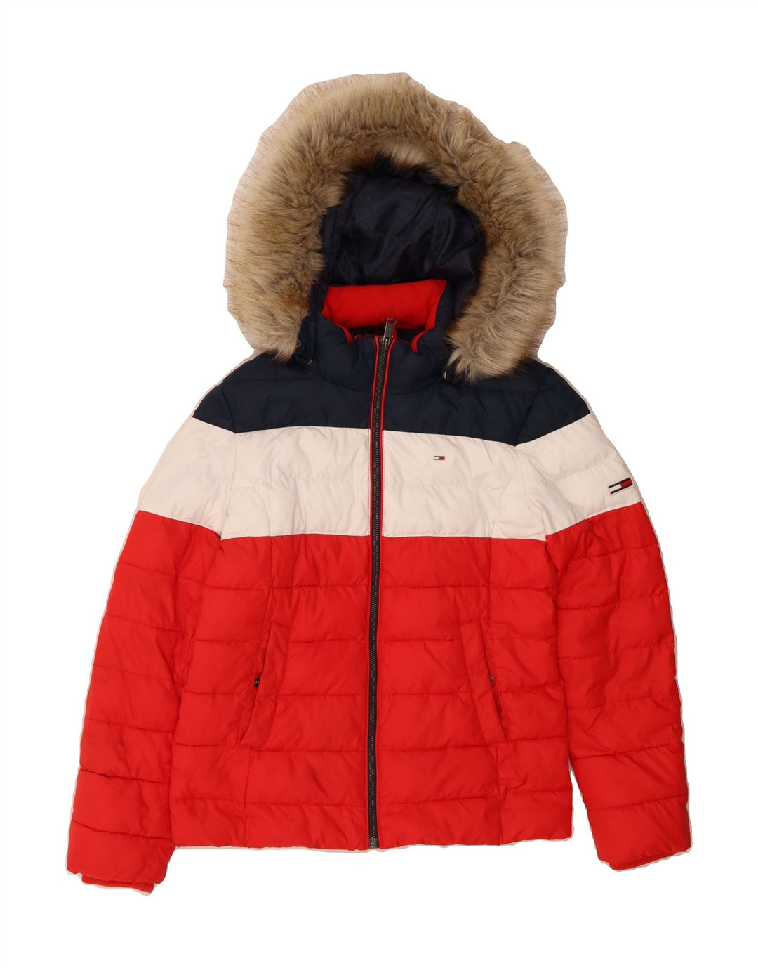TOMMY HILFIGER Womens Padded Jacket UK 14 Medium Multicoloured Colourblock Vintage Tommy Hilfiger and Second-Hand Tommy Hilfiger from Messina Hembry 