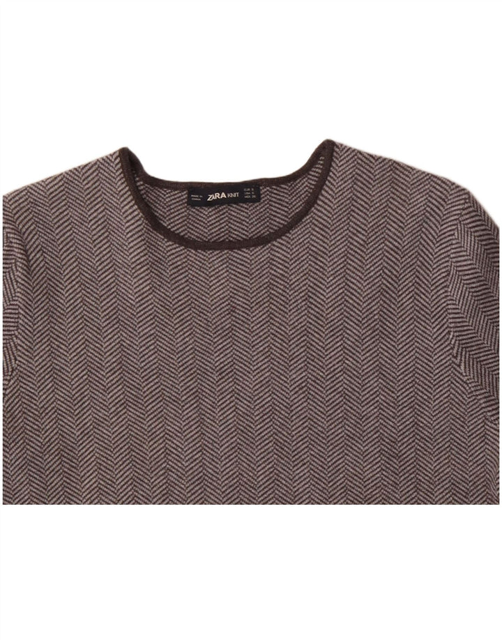 ZARA Femme T-Shirt Top UK 10 Petit Gris Chevrons Viscose