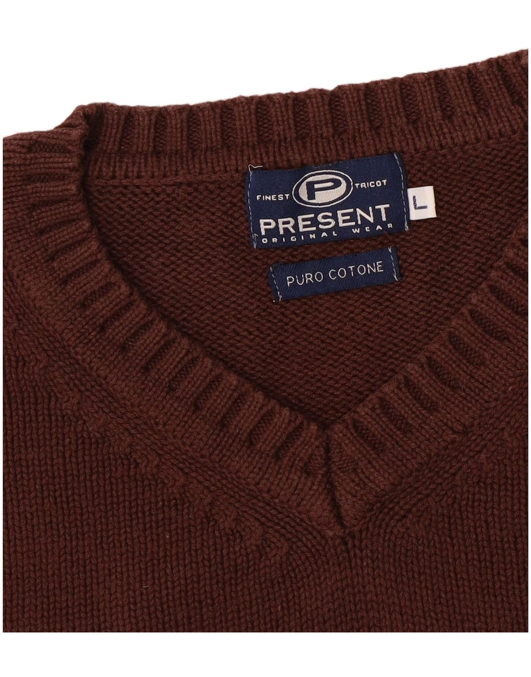 VINTAGE Pull col V homme grand coton marron