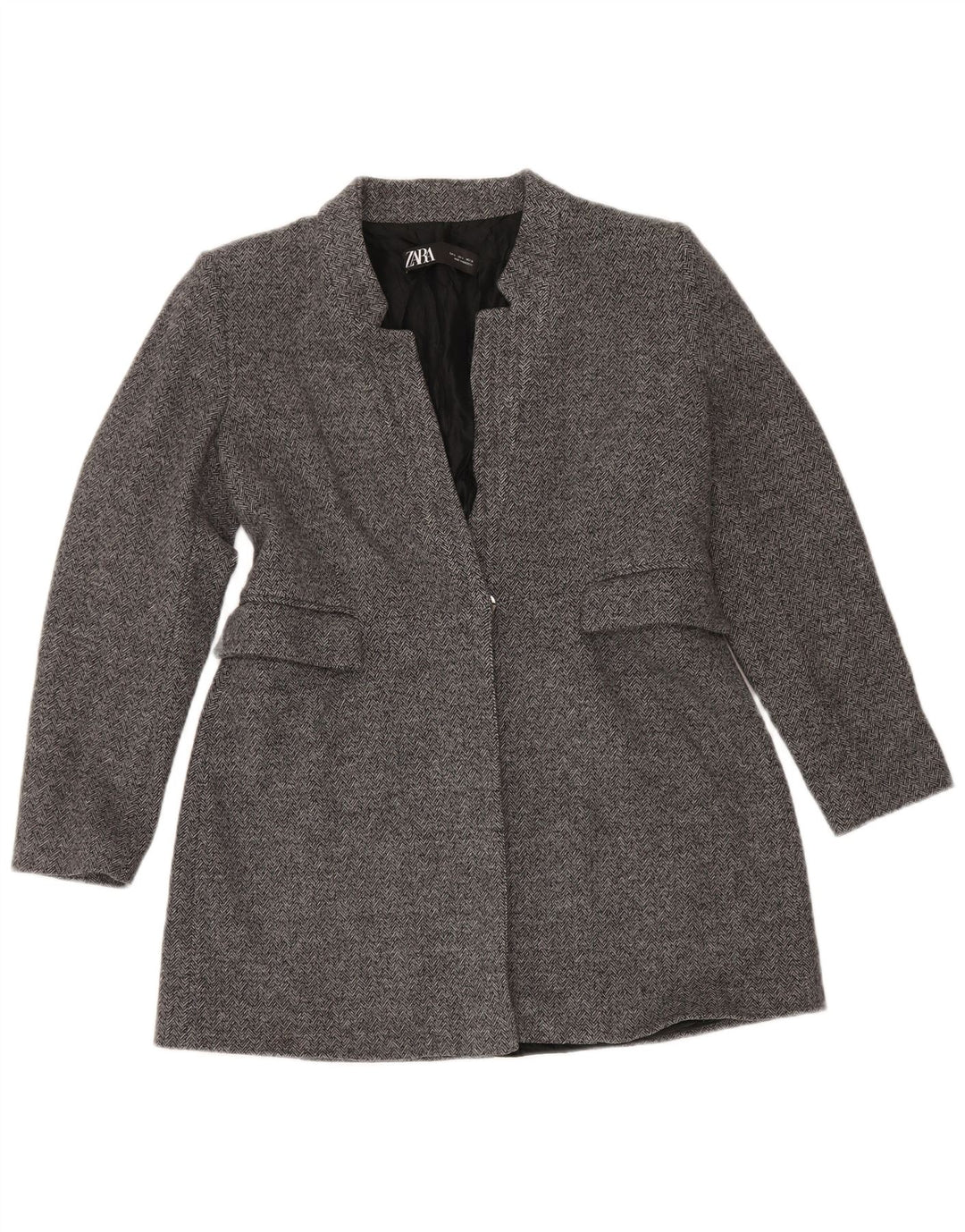 Zara Womens 1 Button Blazer Jacket UK 16 Large Gris Chevrons Coton