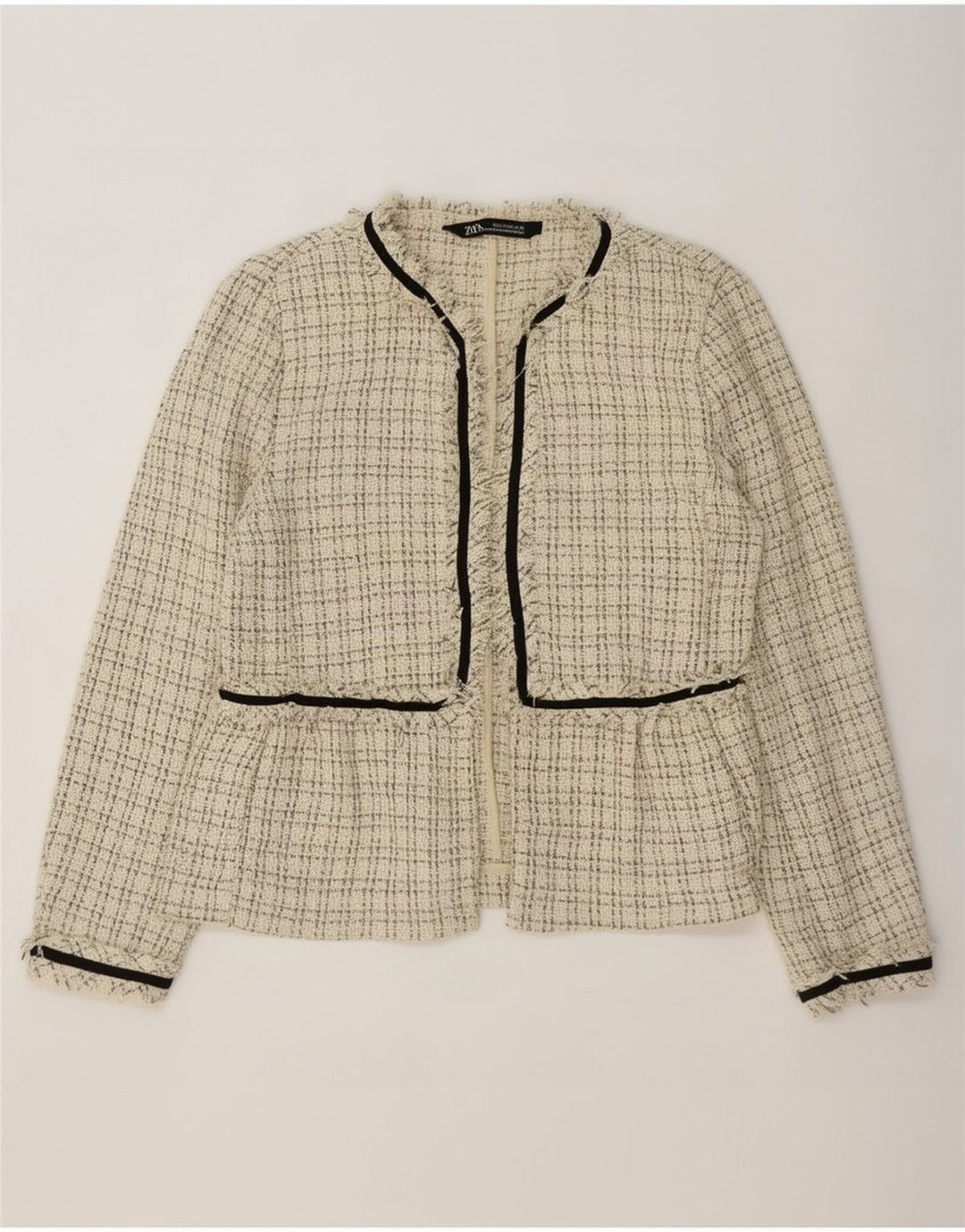 Zara Veste Blazer Ouverte Femme UK 10 Petit Carreau Beige Polyester
