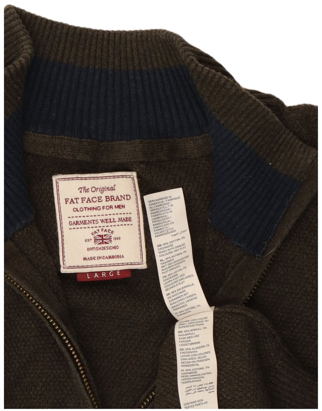 Fat Face Pull col zippé pour homme en coton kaki Taille L