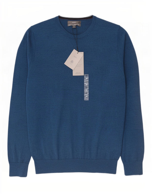 Marks & Spencer Pull Col Rond Homme Bleu Moyen Laine Mérinos