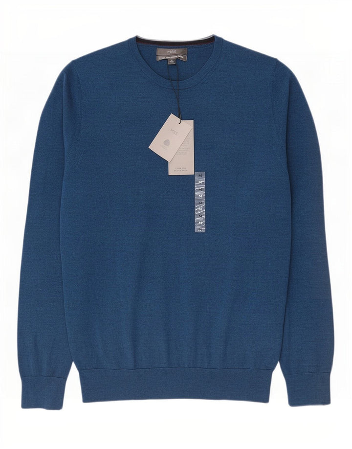 Marks & Spencer Pull Col Rond Homme Bleu Moyen Laine Mérinos