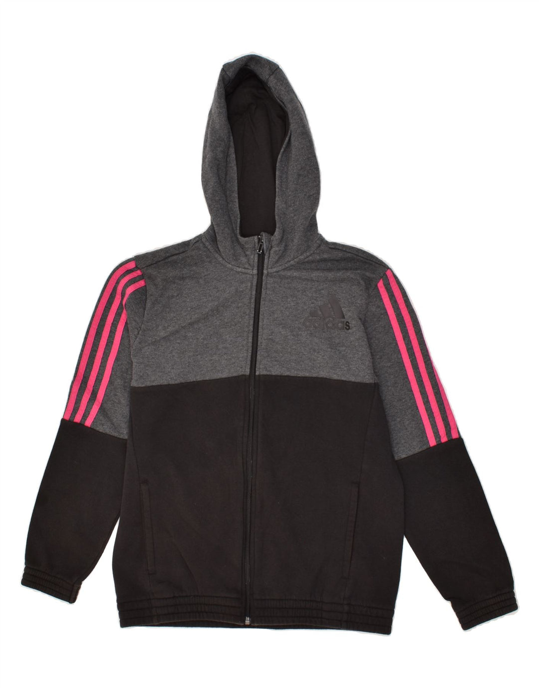 ADIDAS Boys Zip Hoodie Sweater 13-14 Years Black Colourblock Cotton | Vintage Adidas | Thrift | Second-Hand Adidas | Used Clothing | Messina Hembry 