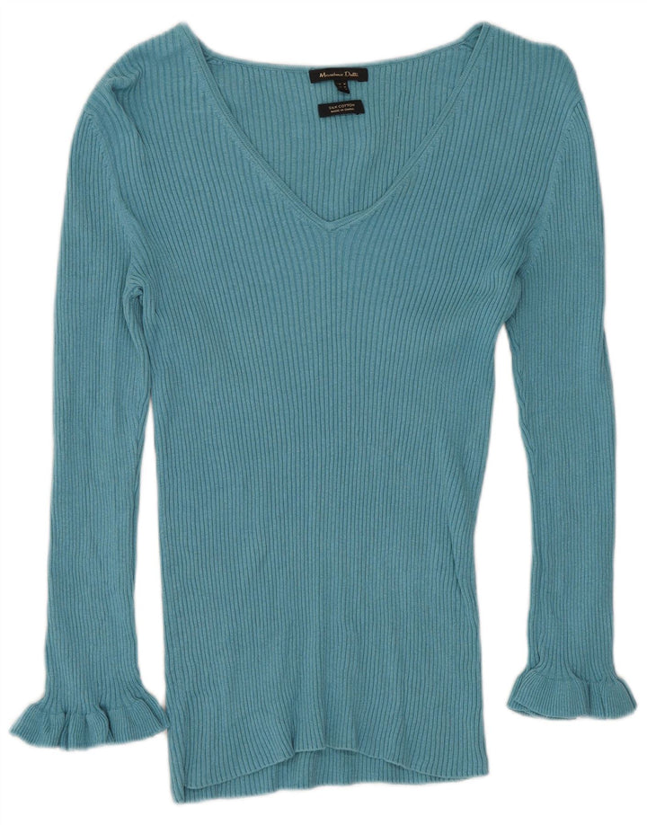 Massimo Dutti Pull col V pour femme UK 12 Bleu moyen Soie