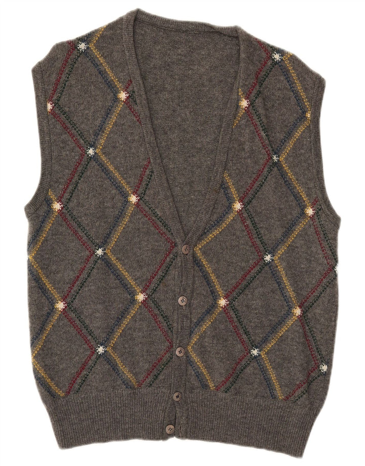 VINTAGE Pull Cardigan sans Manches Homme Grand Gris Argyle/Diamant