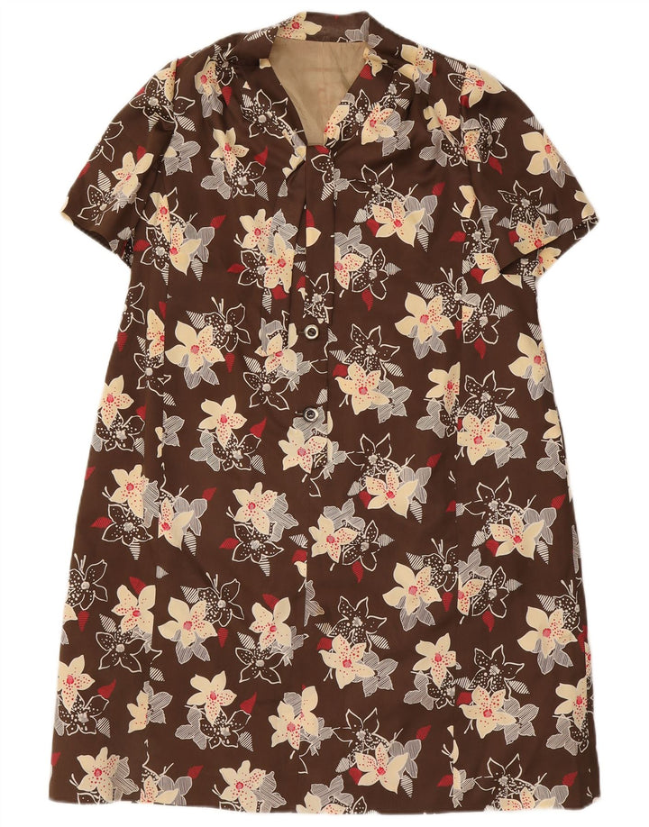 vintage Femmes 3/4 Manches 4 Boutons 2 Pièces Ensemble UK 12 Moyen Brun Floral
