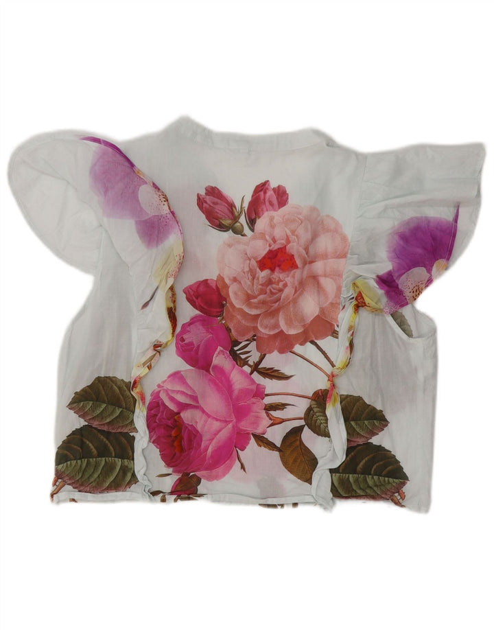 DESIGUAL Chemisier court à volants sur le devant pour femme UK 18 XL Blanc Floral Coton