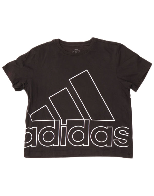 Adidas Womens Crop Graphic T-Shirt Top UK 12/14 Coton Noir Moyen