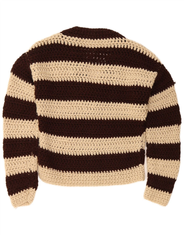 vintage Femme V-Col Jumper Pull UK 12 Moyen Brun Rayé