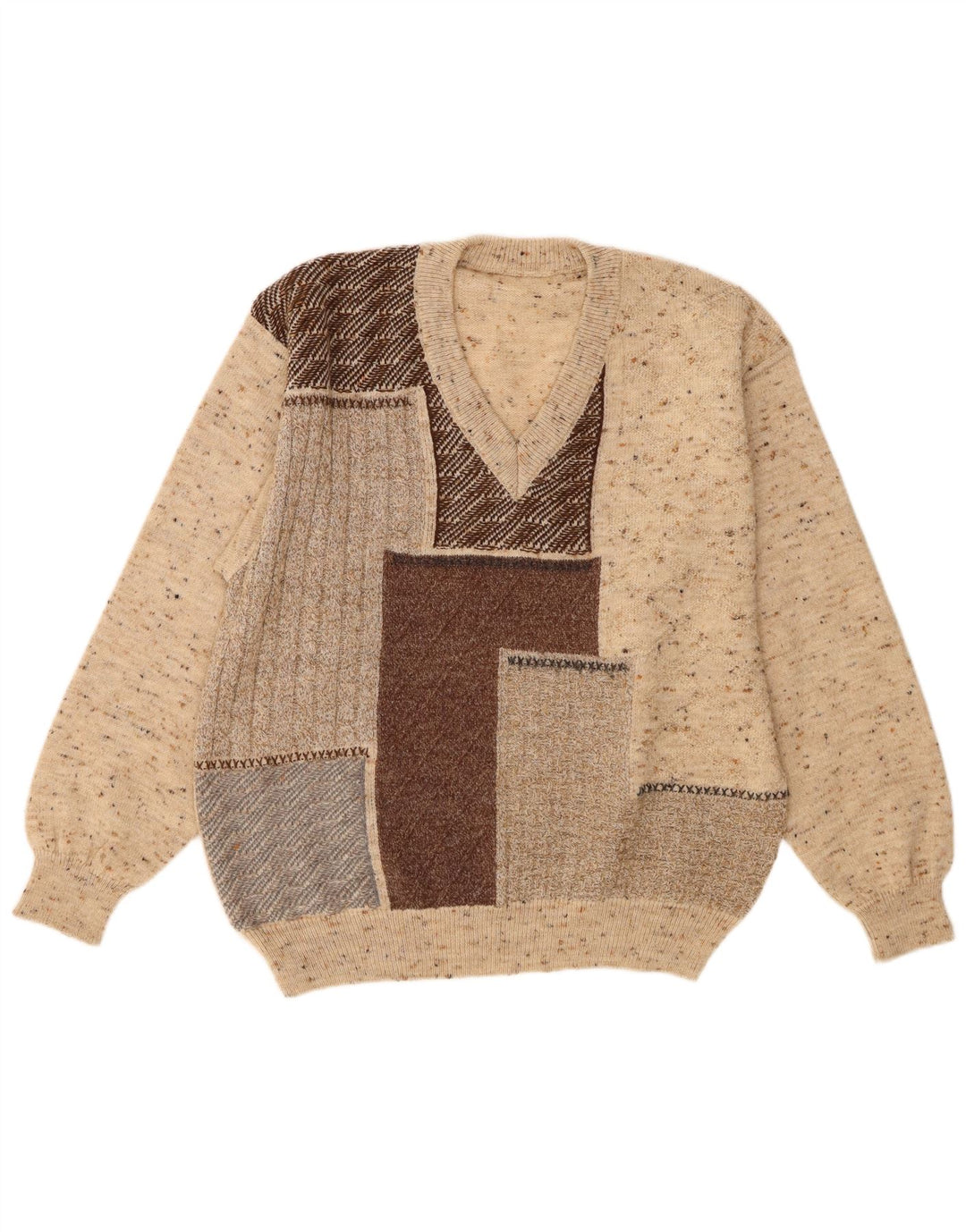 vintage Homme Col V Pull Pull IT 48 Beige Moyen Colorblock Laine