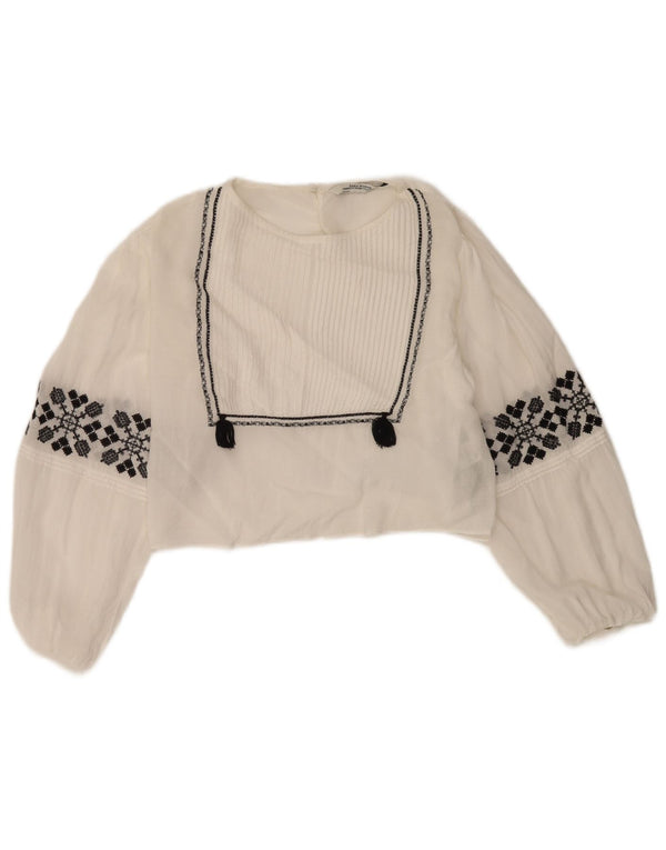 Zara Womens Crop Blouse Top UK 10 Petite Viscose Florale Blanche