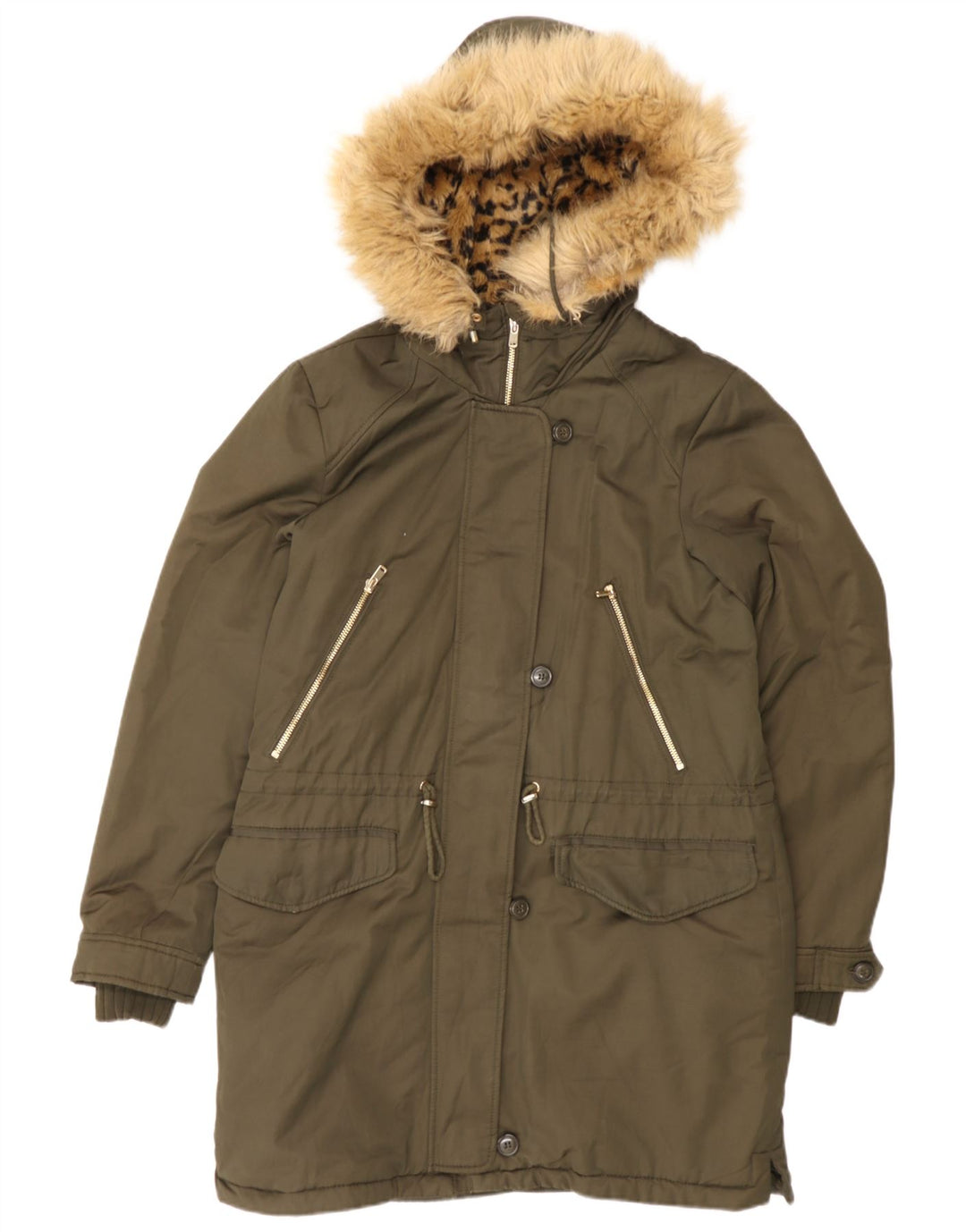 Zara Parka à capuche pour femme UK 14 Medium Kaki Polyester